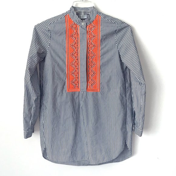 Bogner Tops - Bogner tunic top Women’s 6 Blue White Stripe Orange Crochet Detail Hidden Button